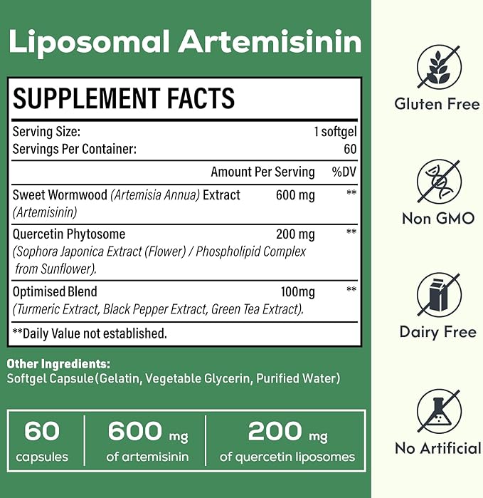900 mg Liposomal Artemisinin for Maximum Absorption, Sweet Wormwood Extract(Artemisia Annua) with Quercetin Phytosome 200 mg, 120 Softgels