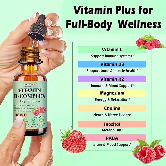 2 Pack Vitamin B Complex Liquid Drops for Women Men & Kids, 15-in-1 VIT B Complex with Vitamin C B12 B6 B1 Niacin Folate Magnesium for Brain Nerve Neuropathy Energy Mood, Sublingual B-Complex Drops