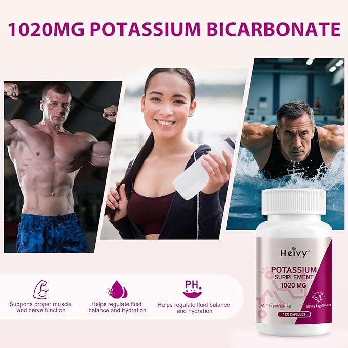 Heivy Potassium Supplement 1020 mg, Potassium Bicarbonate, Supports Electrolyte Balance, Muscle Function & Heart Health, Made in USA, Gluten Free, Non-GMO, 120 Vegetarian Capsules
