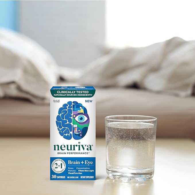 NEURIVA Brain + Eye Supplement for Memory, Focus & Concentration with Lutein & Vitamins A C E and Zinc for Eye Health & Zeaxanthin to Filter Blue Light, 30ct Capsules, (Pack of 2)