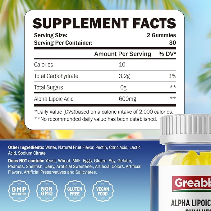 Alpha Lipoic Acid 600mg Gummies, Sugar Free Chewable R Lipoic Acid Supplement for Antioxidant & Nervous System Support, Brian & Skin Health, Pineapple Flavor, 60 Count