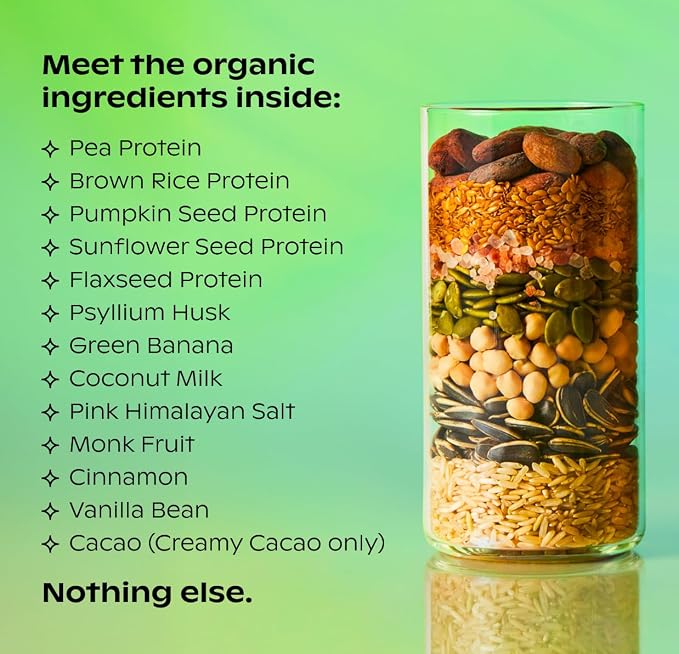 wholier Organic Plant Protein + Prebiotics. Clean Vegan Protein. 21g of Protein. 14 Real Plant Ingredients. Prebiotic Fiber. No Natural Flavors, Gums or Fillers. Creamy Cacao (1 lb. 4 oz.)