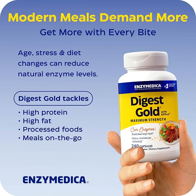 Enzymedica Digest Gold - Digestive Enzyme Supplement for Women & Men, Enzyme Capsules for Digestion, Gut Health Support, Helps Gas & Bloating, ATPro Energy Support, Maximum Strength, Vegan - 240 Caps