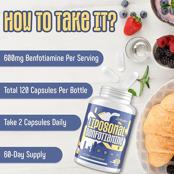 Zaigon Benfotiamine Thiamine Vitamin B1 Supplement, 600mg Liposomal Fat Soluble VIT B1 with Alpha-Lipoic Acid for Men & Women, Energy Boost, Glucose Metabolism & Nerve Support (360 Vegan Capsules)