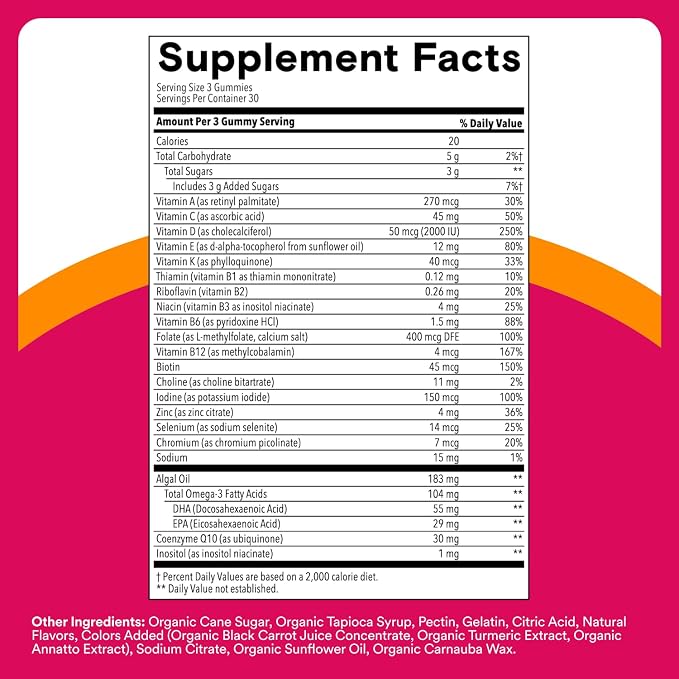 SmartyPants Women's Multivitamin Gummies, Omega 3 DHA/EPA, Methylfolate, CoQ10, Vitamin D3, C, B12, B6, A, K, Zinc, Three Fruit Flavors, 90 Count (30 Day Supply)
