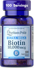 Puritan's Pride Premium Ultra Mega Biotin 10,000mcg, Dietary Supplement for Healthy Hair, Skin, Nails, and Energy Metabolism Support, 100 Day Supply, 100 Rapid Release Softgels