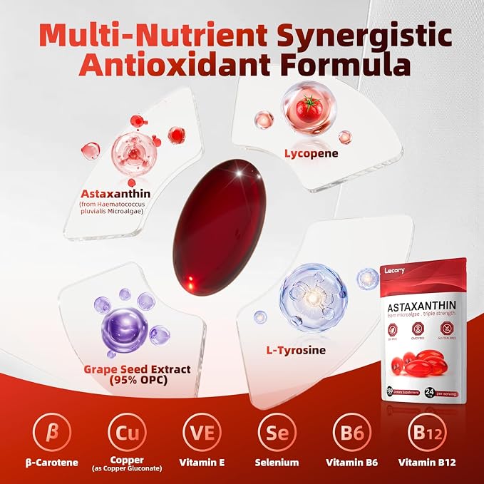 Astaxanthin 24mg, 180 Softgels | 6 Month Supply of Premium Antioxidant | Triple Strength for Eye, Immune, Skin & Circulation Support | Easy to Swallow, Non-GMO, Soy Free