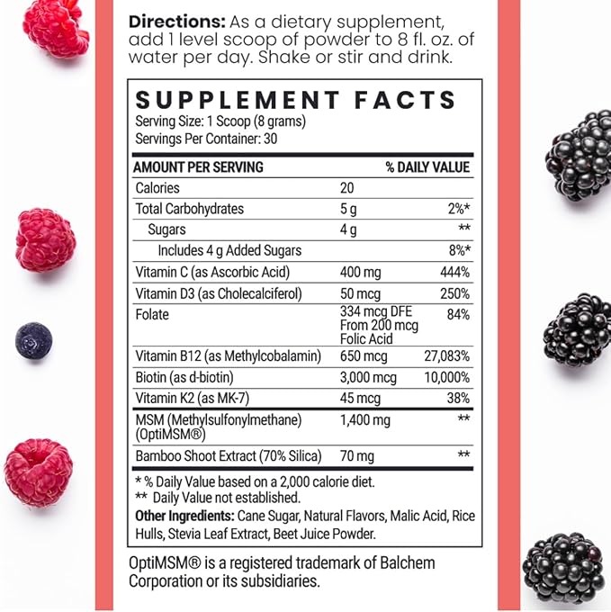 Qhemet Biologics MSM + Biotin Hair Nutrient Drink Mix - Vitamins Powder to Support Lush Volume - Bamboo Silica & Vitamins D3 + B12 for Hair Health - Jumpstart Your Hair Growth Journey (8.5 oz)