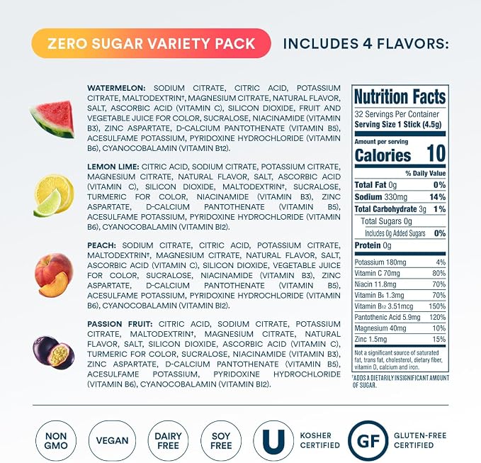 DripDrop Sugar Free Hydration Packets - Zero Classic Variety Pack - Single Serve Electrolytes Powder Drink Mix - Lemon Lime, Watermelon, Peach, Passion Fruit - Non-GMO, Gluten Free, Vegan - 32 Sticks
