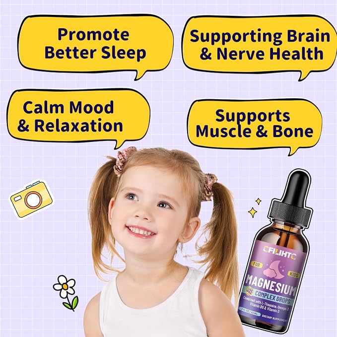 Kids Magnesium Liquid Drops-Magnesium Glycinate Liquid for Kids Supplement-w/L-theanine, Omega-3, Vitamin B6, D3 - for Sleep, Relaxation, Brain, Bones - Grape Flavor, 2 Fl Oz
