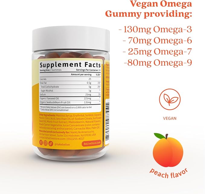BeLive Organic Omega 3 Gummies - 180 Ct I Vegan Omegas 3 6 7 & 9 from Flaxseed Oil & Sea Buckthorn Fruit Oil, for Kids & Adults, Full Body, Brain & Eye Support, Sugar Free – Peach Flavor