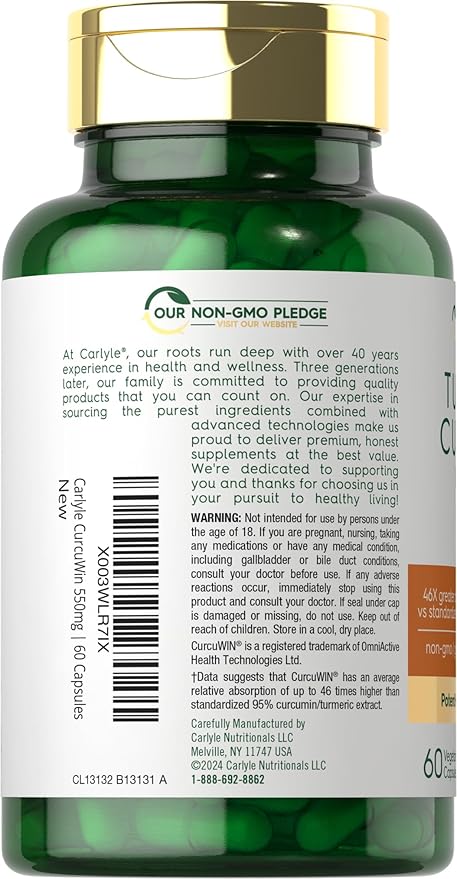Carlyle Turmeric Curcumin 550mg | 60 Vegetarian Capsules | High Absorption with 95% Curcuminoids and CurcuWin Extract | Non-GMO & Gluten Free Supplement