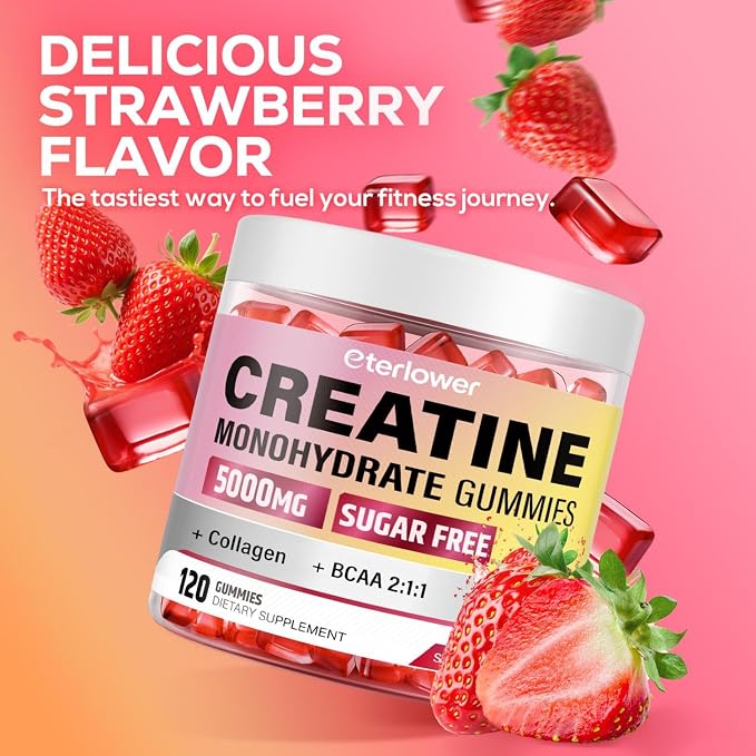 Creatine for Women with BCAAs & Collagen, Creatine Monohydrate Gummies for Lean Muscles, Energy, Gomitas de Creatina para Mujer, Pre + Post Workout, Sugar Free, Strawberry Flavor, 120 Ct