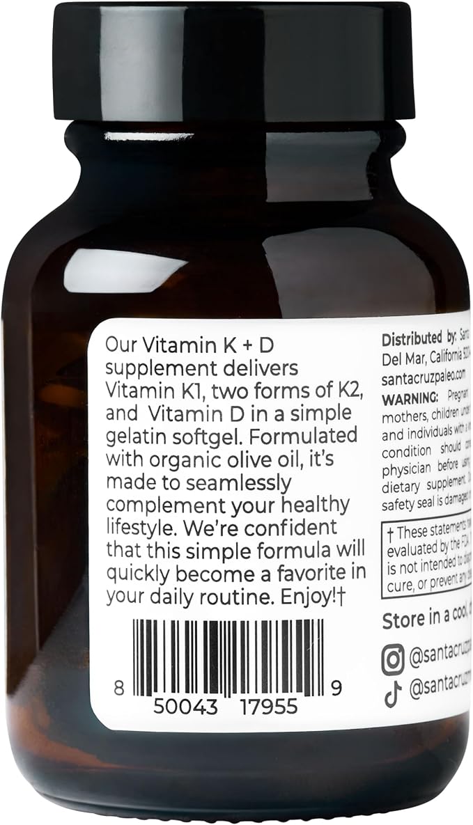 Santa Cruz Paleo Vitamin K2 + D3 Softgels, Daily Supplement with Organic Olive Oil, Includes Vitamin K1 & Two Forms of K2, Supports Heart & Bone Health, Gluten Free, Sugar Free, Paleo, Keto, 60 Count