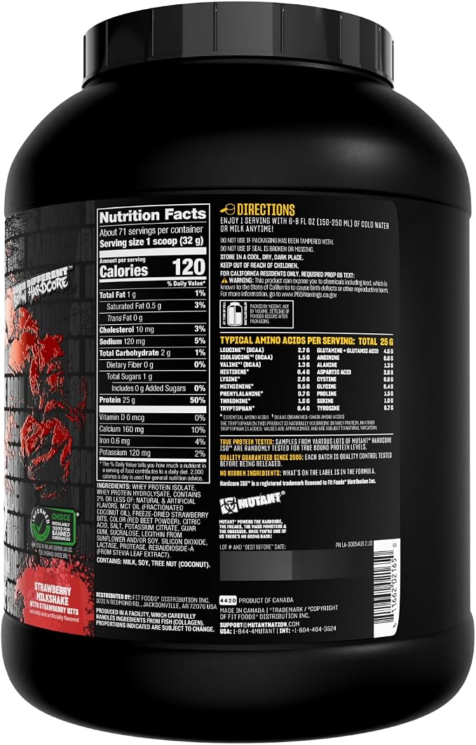 Mutant Hardcore ISO Whey Protein Isolate Powder Acts Fast to Help Recover, Build Muscle, Bulk and Strength, 5 lb - Strawberry Milkshake