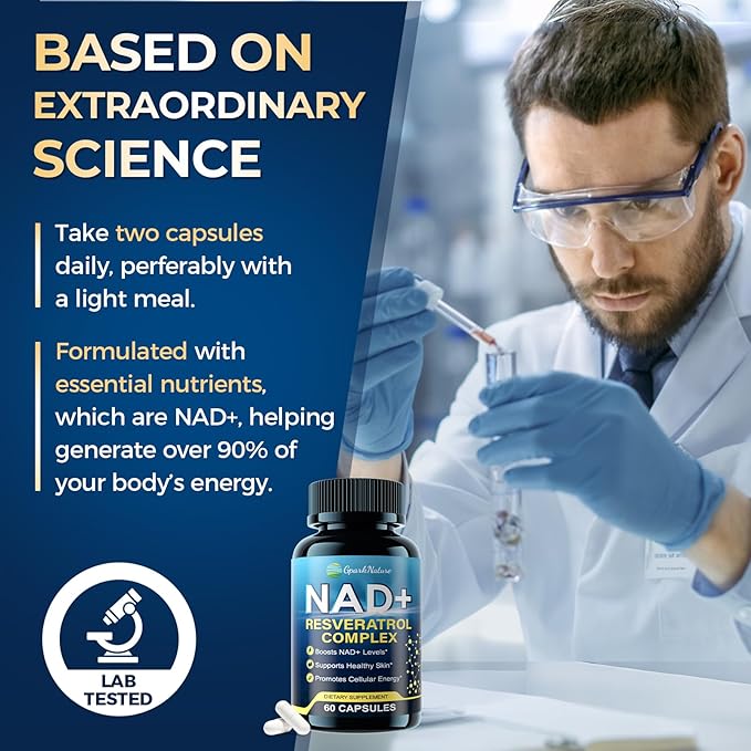 NAD+ Supplement - NAD Supplements for Women & Men - Liposomal NAD+ Resveratrol Complex with Urolithin A, CoQ10 - Boosts NAD+ Levels, Cellular Energy & Healthy Skin - Third-Party Tested - 60 Capsules