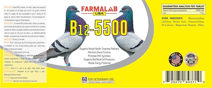 B12-5500 para Palomas, Pigeon Vitamin Supplement 60 Tablets Farmalab