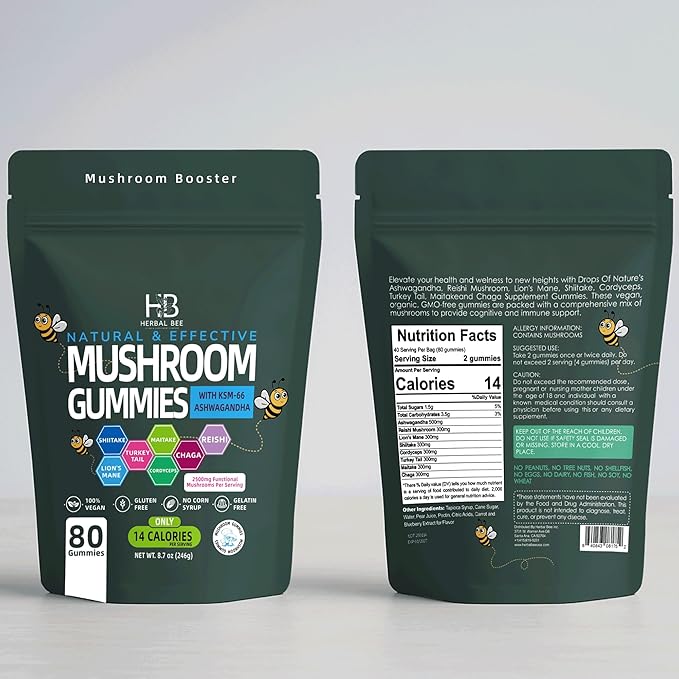 Organic Ashwagandha & Lions Mane Mushroom Gummies - Reishi, Cordyceps, Turkey Tail, Maitake, Shitake & Chaga, Immune Support & defense, Brain Boost, Vegan, All-in-One Superfood supplement | 80 gummies