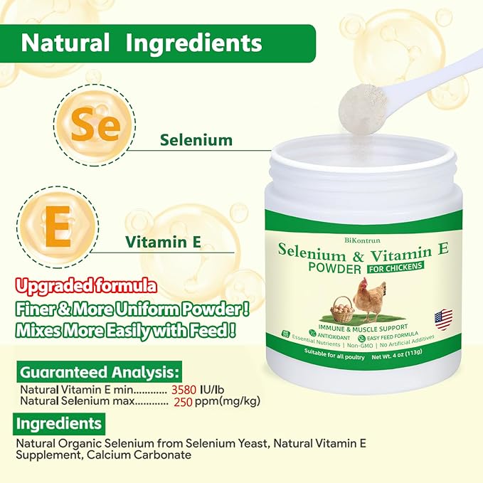 Selenium and Vitamin E Powder for Chickens, Selenium for Chickens, Immune System, Muscle Support & Prevents, Improve Wry Neck, Selenium, Vitamin E Supplements, Suitable for All Poultry, Chicken & More