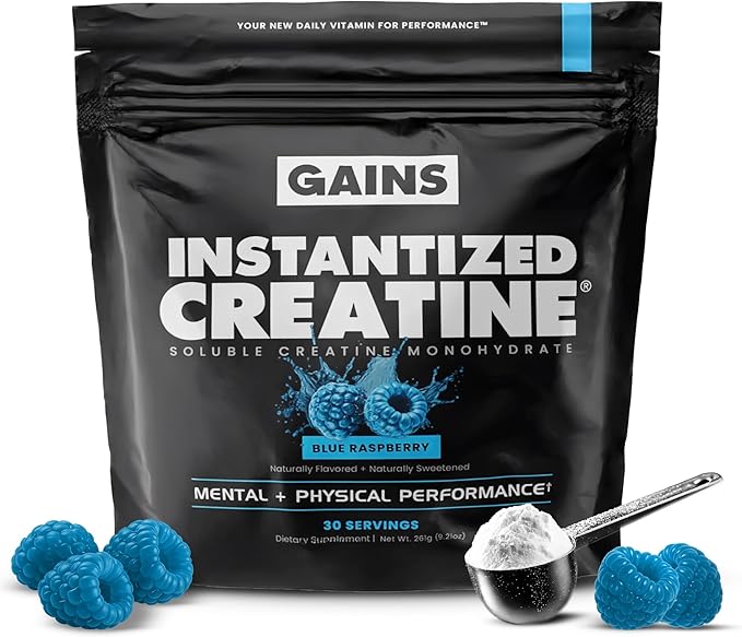Gains in Bulk Instantized Creatine Monohydrate for Men & Women, Soluble Pre Workout Powder, Supports Muscle Building, Strength and Performance, Bodybuilding Supplements, Blue Raspberry, 30 Servings