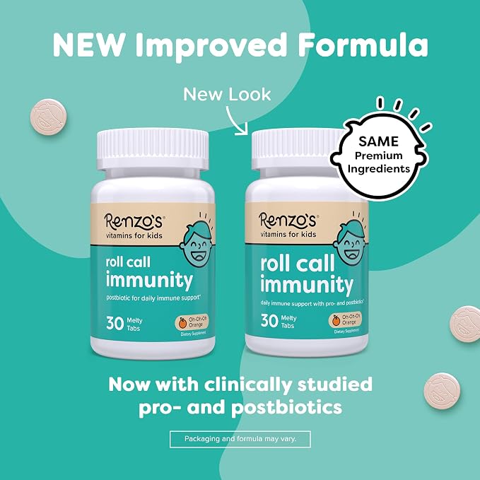 Renzo's Roll Call Immunity - Dissolvable Kids Immune Support Supplement with IMMUSE Postbiotic, Sugar-Free Kids Vitamins, 30 Orange-Flavored Melty Tabs