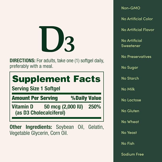 Nature's Bounty Vitamin D3 2000 IU, Immune and Bone Support, Vitamin Supplement, 1 Per Day, 240 Rapid Release Softgels (Pack of 2)