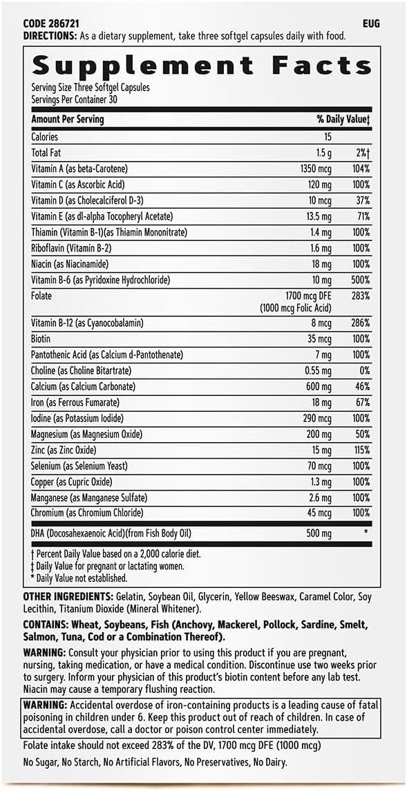 GNC Women's Prenatal Multivitamin Formula with DHA & Iron, Support Pregnancy and Healthy Baby Development, Essential Nutrients Folic Acid, Zinc, Calcium Plus B Vitamins, 90 Softgels