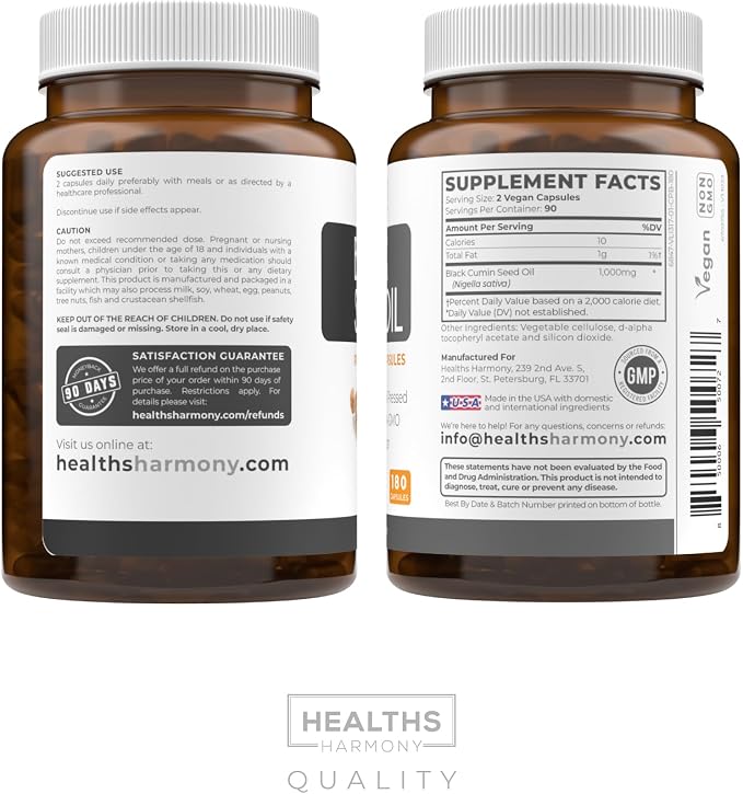 Black Seed Oil - 180 Softgel Capsules (Non-GMO & Vegan) Premium Cold-Pressed Nigella Sativa Producing Pure Black Cumin Seed Oil with Vitamin E - 500mg Each, 1000mg Per 2 Capsule Serving