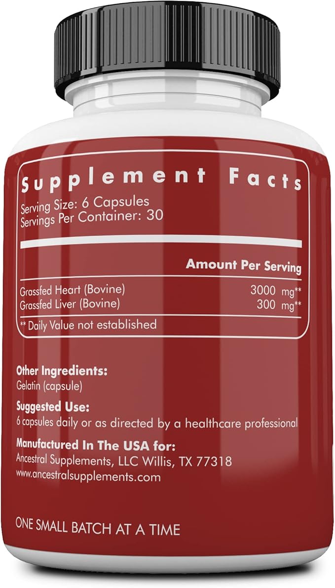 Ancestral Supplements Grass Fed Beef Heart Supplement, 3300mg, CoQ10 Supplement Supports Heart and Mitochondrial Health, Non-GMO, 180 Capsules (Pack of 2)
