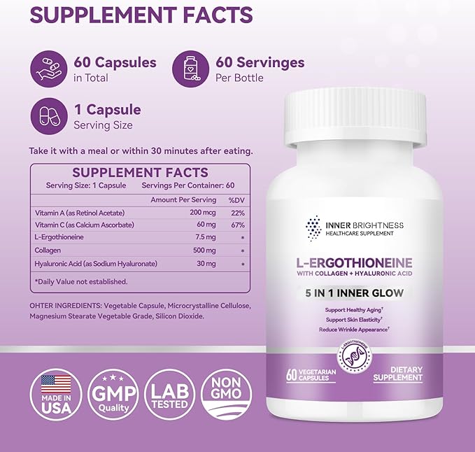 Inner Brightness L-Ergothioneine Supplements with Hyaluronic Acid & Collagen for Women, Non-GMO, Gluten Free, Vegan, Promotes Longevity & Healthy Aging, 60 Capsules