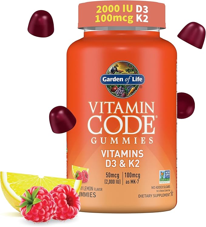 Garden of Life Vitamin Vitamin Code D3 + K2 Gummies with Prebiotics & Probiotics for Digestion, 2000 IU Vitamin D3 + 100 mcg K2 for Bone & Immune Health for Adults, 45 Raspberry Lemon Gummies
