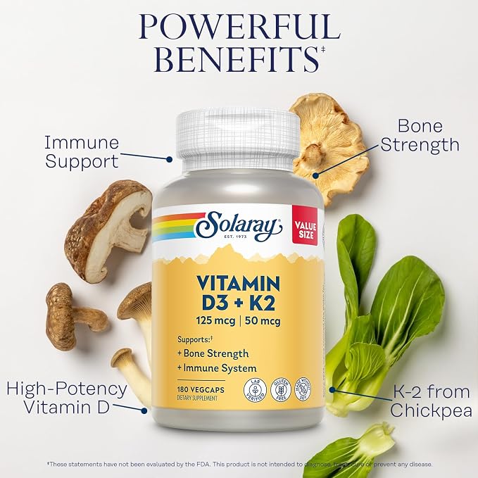 SOLARAY Vitamin D3 K2 - Bone Health and Immune Support Supplement - With 5000 IU Vitamin D as Vit D3 and 50 mcg Vitamin K2 as Menoquinone MK7, Made Without Soy, 60-Day Guarantee, 180 Serv, 180 VegCaps