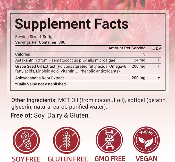 Astaxanthin 24mg, Premium Astaxanthin Antioxidant Supplements with MCT Oil, Ashwagandha, Supports Eye, Skin, Immune, Internal Circulation, Fresh Microalgae Source, Triple Strength - 300 Softgels