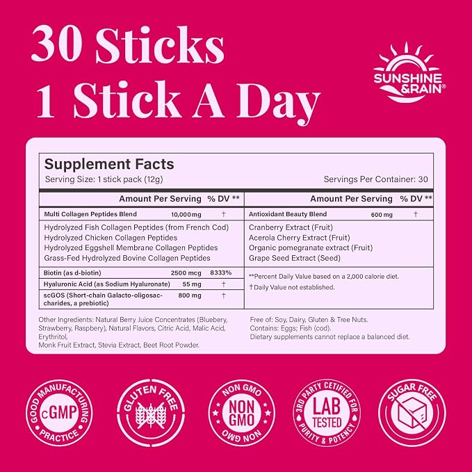 Multi Collagen Peptides Powder for Women – 10g Hydrolyzed Collagen Type I, II, III, V & X with Biotin, Hyaluronic Acid & Prebiotics | Hair, Skin, Nail & Bone Support | Berry Flavor | 30 Stick Packs