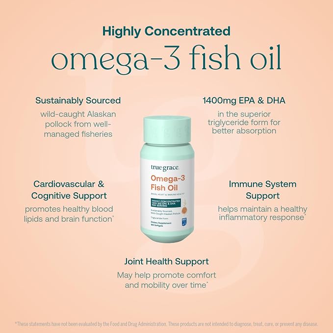 True Grace Omega-3 Fish Oil - 180 Softgels - 1400 mg EPA + DHA - Brain, Heart, Joint & Immune Health - Organic, Gluten Free, Soy Free