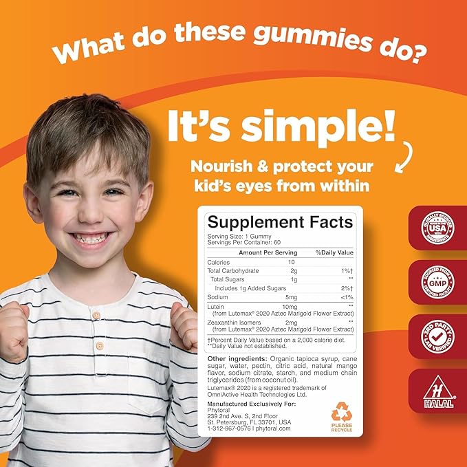 Kids Lutein Gummies - Mango Flavored Potent Lutein and Zeaxanthin Supplements for Eye Health - Eye Vitamins for Blue Light Protection, Dryness, Strain Support & Visual Sharpness - 60 Count