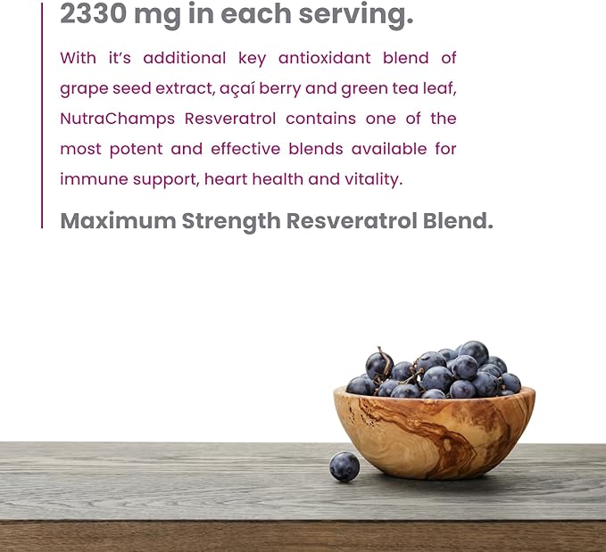 NutraChamps Resveratrol Supplement, Extra Strength Formula for Healthy Aging, Immune Support, 60 Vegan Capsules with Trans-Resveratrol, Green Tea Leaf, Acai Berry & Grape Seed Extract (Pack of 2)
