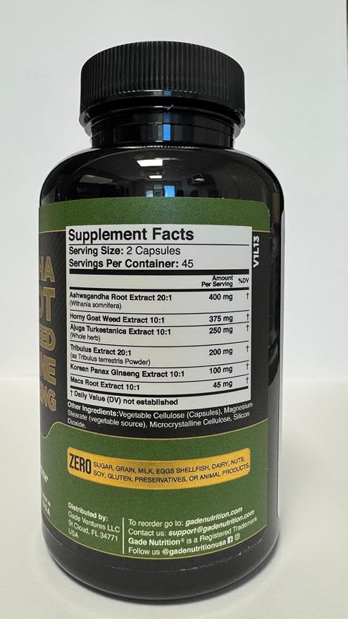 Gade Nutrition Ashwagandha with Maca Root, Horny Goat Weed, Turkesterone Supplement, Tribulus Terrestris, Panax Ginseng | 90 Vegetable Capsules for Energy, Stamina, Performance. | Made in USA