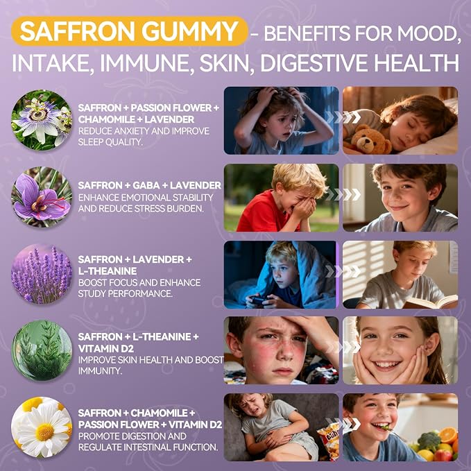 Saffron Gummies for Kids 100% Pure Organic Saffron Extract Sugar Free Saffron Supplements Gummy for Children Calm Mood & Focus - 60 Gummies
