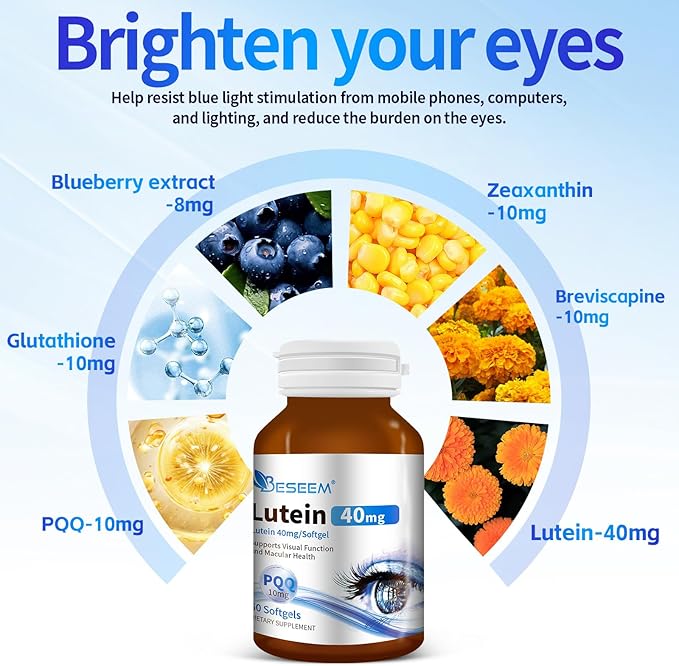 6-in-1 Eye Supplement with Lutein 40mg, Zeaxanthin 10mg, Eye Health Support Supplement for Adults – Blue Light Protection, Macula Support & Eye Strain Relief – 60 Softgels