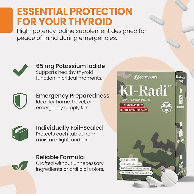 EarthNutri KI-Radi™ Potassium Iodide KI Tablets 65 mg – High Potency Iodine for Thyroid Support, Emergency Preparedness – Potassium Supplement in Foil-Foil Blister – 60 Tablets (3 Pack of 20)