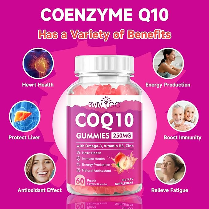 Sugar-Free CoQ10 Gummies 250mg, Plus Omega-3, Vitamin B3 & Zinc, Magnesium - High Absorption Coenzyme Q10 Supplements for Heart Health, Cellular Energy, & Antioxidant Support, 60 Count