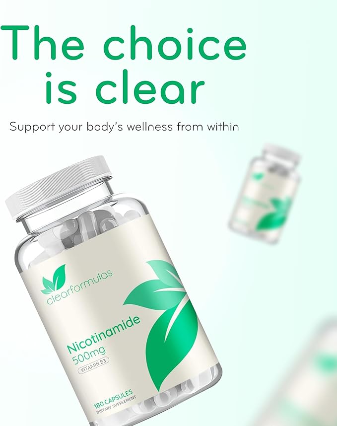 Vitamin B3 Nicotinamide 500mg - High Absorption Form of Vitamin B3 Niacin Flush Free for Hear Skin Brain and Energy Support - NAD Precursor - Made in a cGMP American Facility (180 Servings)