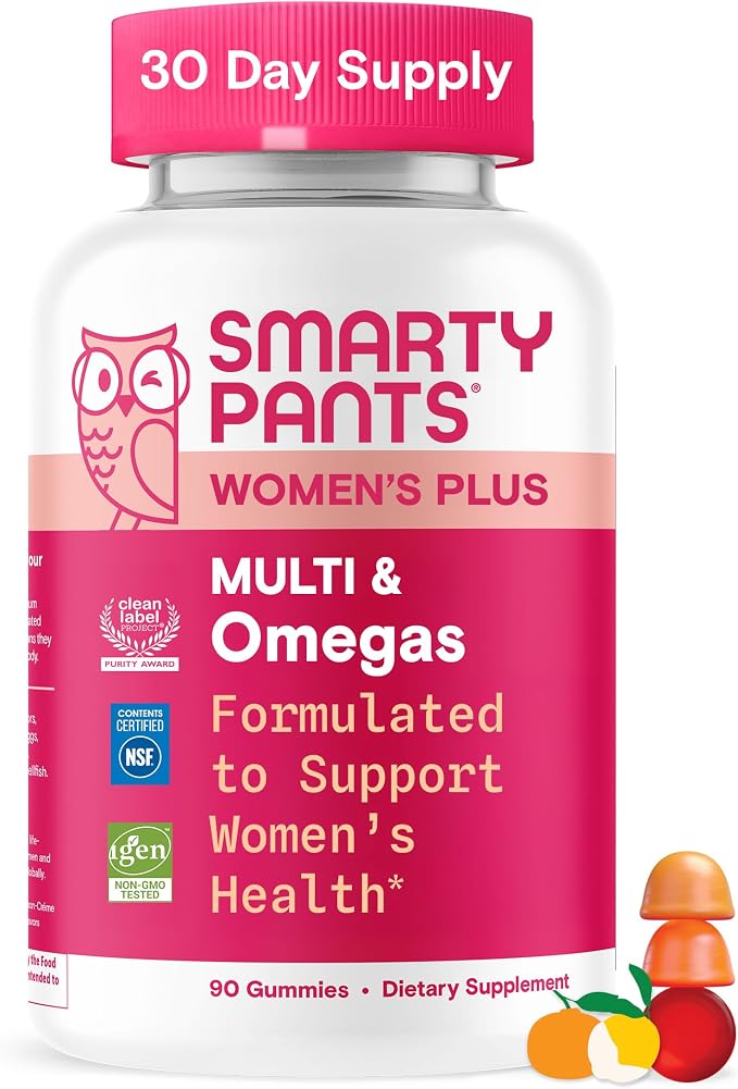 SmartyPants Women's Multivitamin Gummies, Omega 3 DHA/EPA, Methylfolate, CoQ10, Vitamin D3, C, B12, B6, A, K, Zinc, Three Fruit Flavors, 90 Count (30 Day Supply)