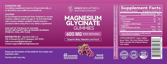 Magnesium Glycinate Gummies 600mg, Non-GMO, Gluten-Free, Magnesium Gummies for Adults & Kids, Sleep, Relaxation & Focus, Grape Flavor, 60 Count