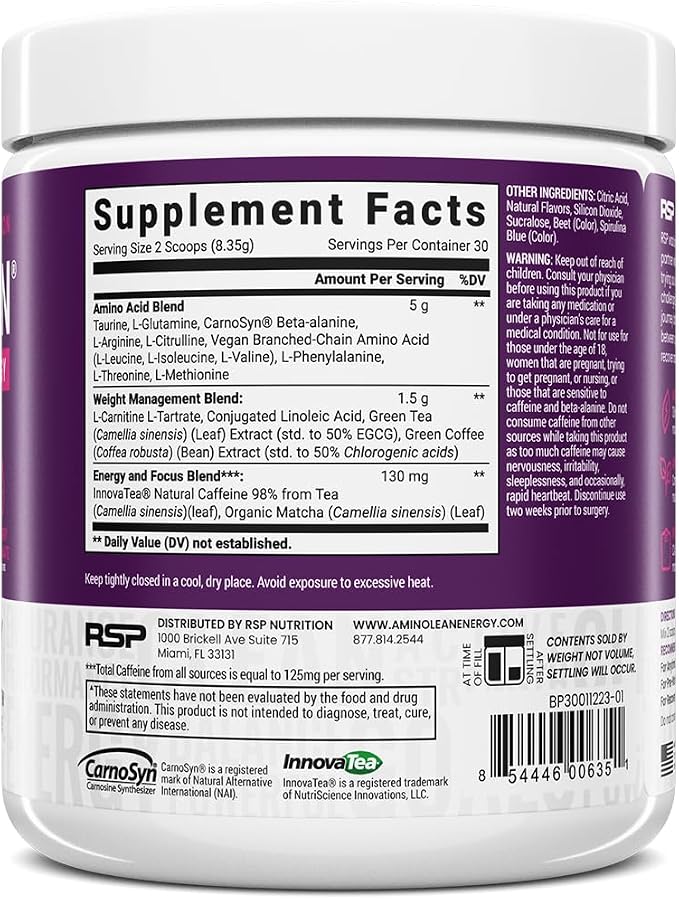 RSP NUTRITION AminoLean Pre Workout Powder, Amino Energy & Weight Management with Vegan BCAA Amino Acids, Natural Caffeine, Preworkout Boost for Men & Women, 30 Serv