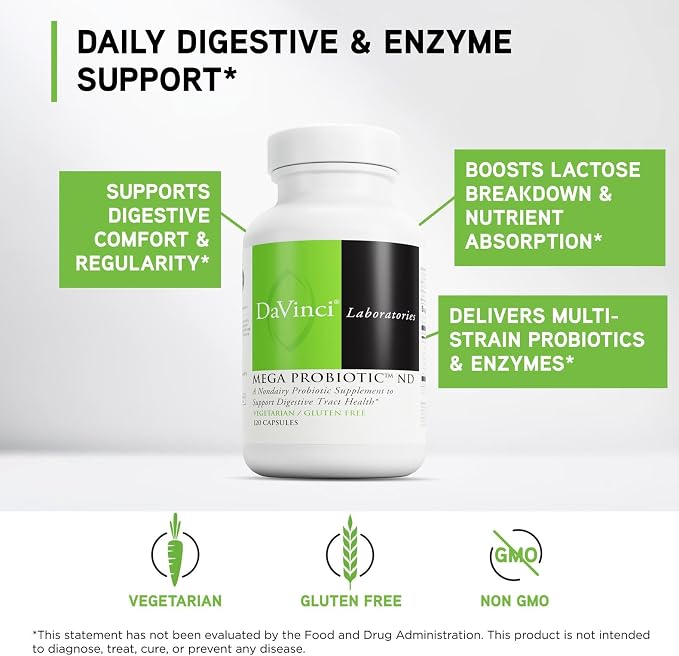 DAVINCI Labs Mega Probiotic ND - Non-Dairy Probiotic Supplement Supports Gut, Digestive & Brain Health* - Gut Health Support Supplement with Non-Dairy Complex* - 120 Vegetarian Caps