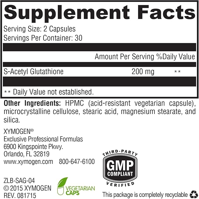 XYMOGEN S-Acetyl Glutathione - Acetylated Glutathione Supplement - Antioxidant & Cellular Support - Stomach Acid-Resistant Capsules - Non-GMO & Gluten-Free - 60 Capsules