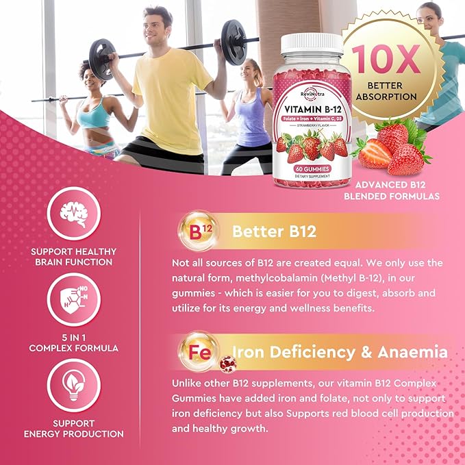 Vitamin B12 Complex Gummies - 5000 mcg Methylcobalamin with Iron, Vitamin C, D3 & Folate, Energy Support & Metabolism, Immune, B-12 Chewable Supplement for Men & Women, Strawberry Flavor, 2 Pack