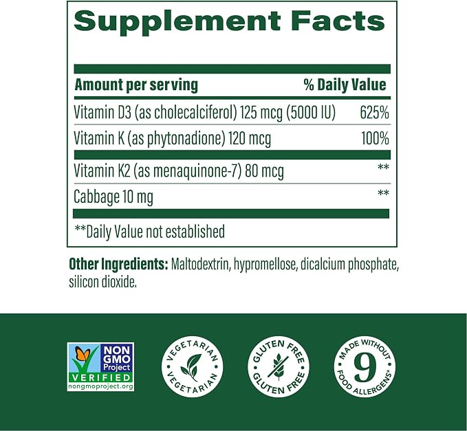 MegaFood Vitamin D3 5000 IU (125 mcg) - Vegetarian Supplements with Vitamin D3 K2 - Supports Bones, Teeth, Muscles & Immune Health - Certified Non-GMO - 60 Mini Capsules, 60 Servings (Pack of 2)